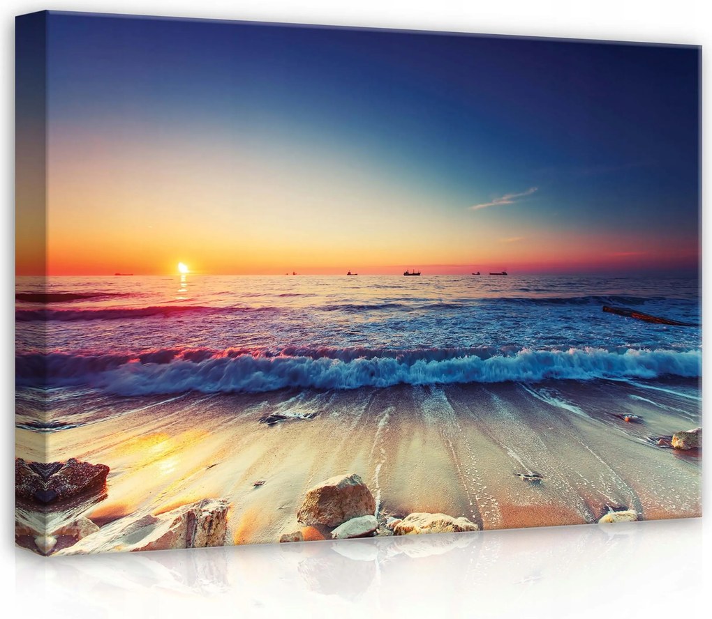 Vászonkép 70x50 Napfelkelte tenger tengerpart hajnal óceán hullámok homok nyugalom