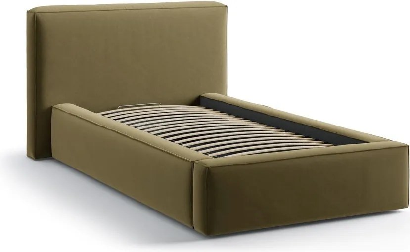 Zöld kárpitozott ágyneműtartós egyszemélyes ágy ágyráccsal 90x200 cm Jodie – Micadoni