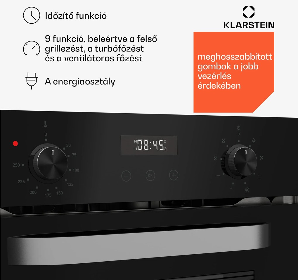 Klarstein SmartSlim sütő, Slim kivitel, 8 funkció, 49 l térfogat, könnyű tisztítás, EEK A
