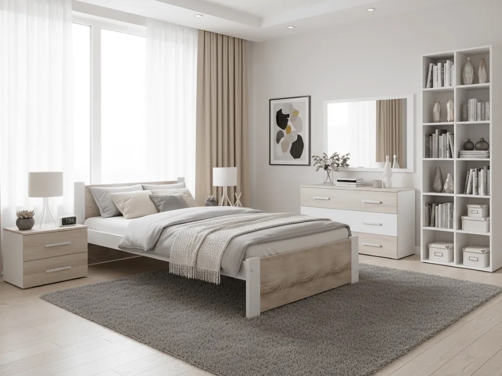IKAROS ágy 90x200 cm, fehér/sonoma tölgy Ágyrács: Léces ágyrács, Matrac: Deluxe 10 cm matrac