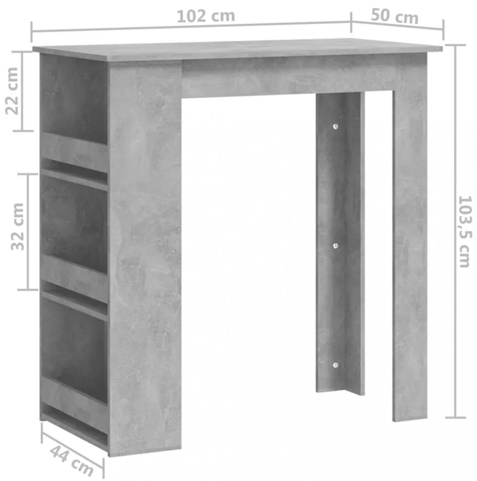 betonszürke bárasztal tárolópolccal 102 x 50 x 103,5 cm