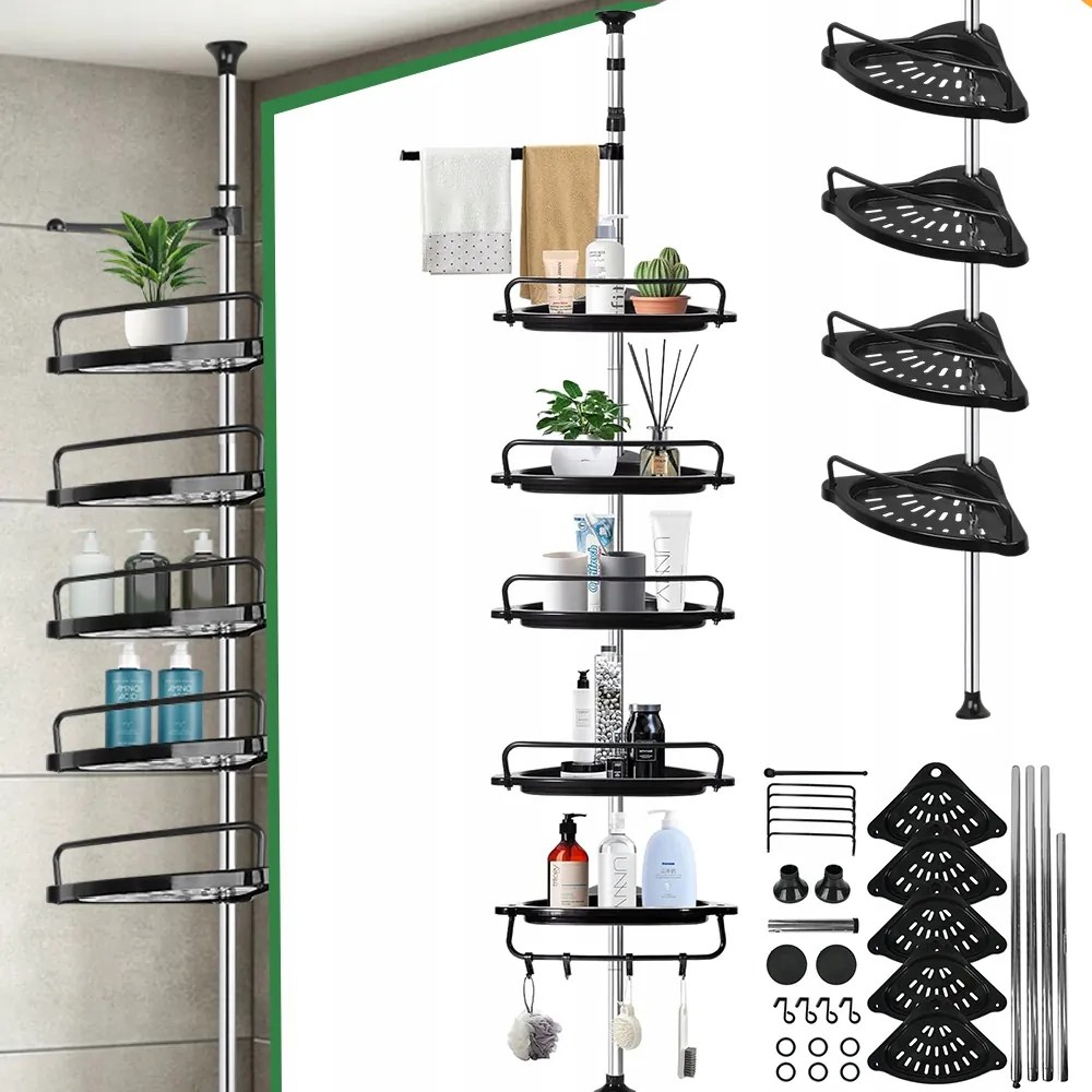 Teleszkópos Sarokpolc Zuhany Fürdőszoba Polcok Fúrás NÉLKÜL,5 Polc
