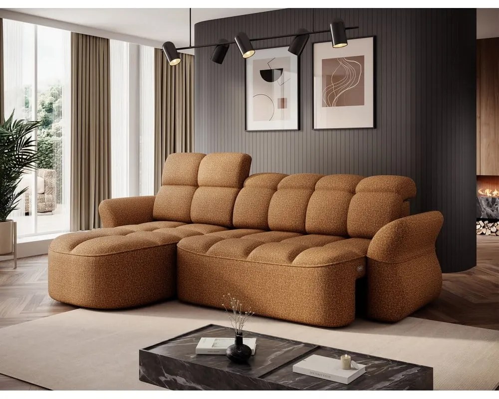 Sárga-barna bársony kinyitható-tárolóhelyes sarokkanapé (bal oldali-heverő résszel) Beneth – ELTAP