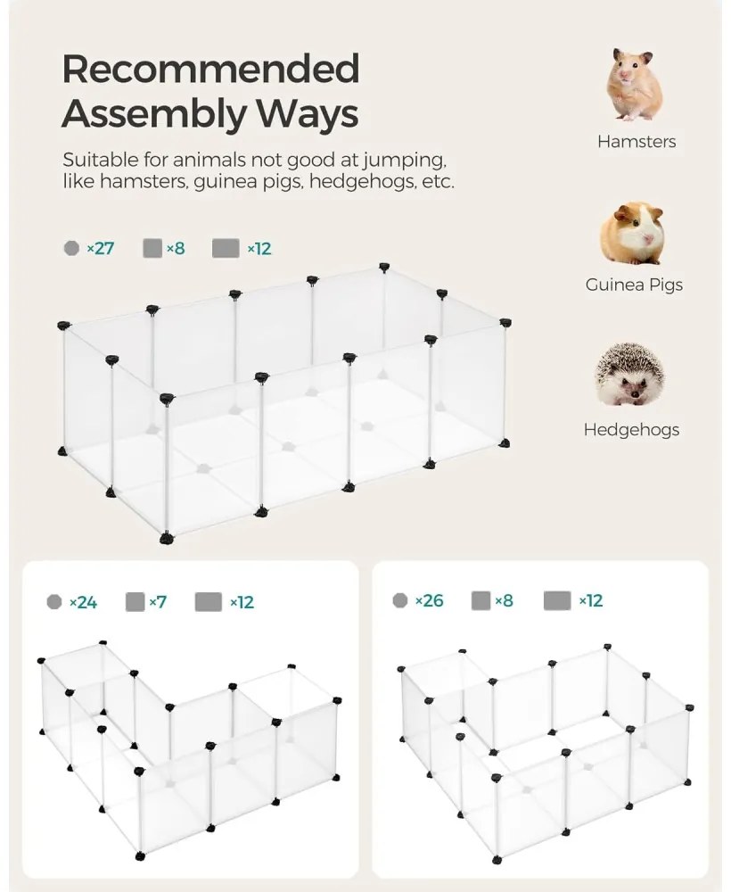 Ketrec háziállatoknak műanyag átlátszó elemekkel, fehér 125x63x42cm