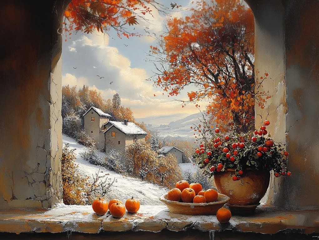 Vászonkép Canvas Ablak Terasz Kilátás Tél Tájkép Hegyek Házak 80x60