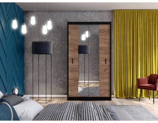 MIRO gardróbszekrény tükörrel 120x215 cm, craft tölgy/fekete