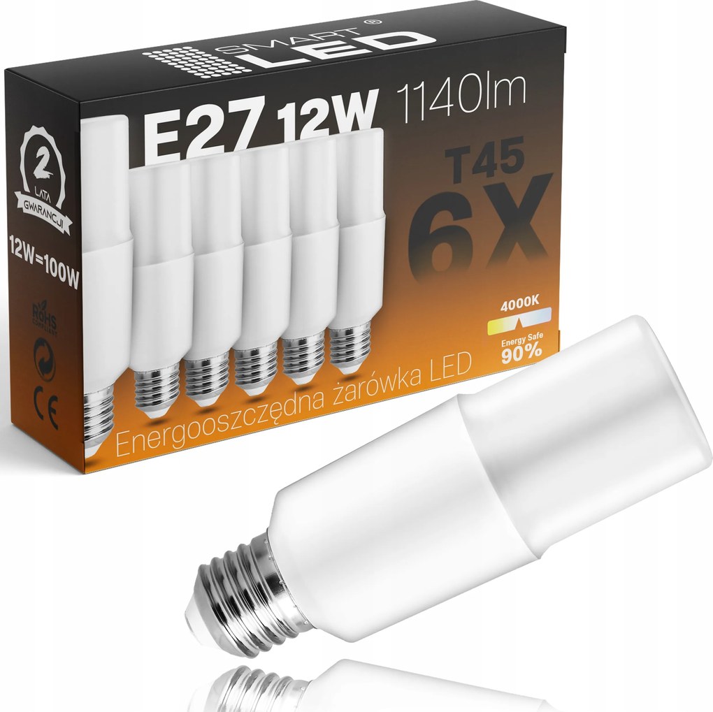 Led izzó E27 T45 12W=100W 1140lm Fehér Semleges Nem Pislogó CCD Nagy teljesítményű