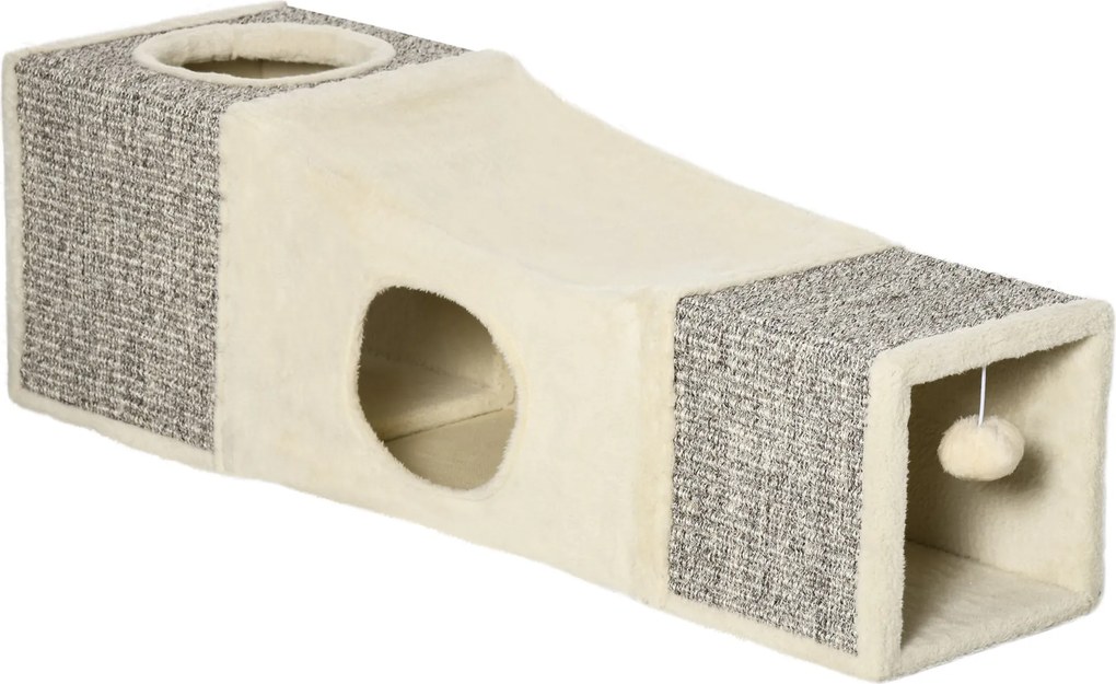 PawHut Macskakötél, Macska Játék Labdával, Macskabarlang, Hajtható Zsinegfedeles Játék Alagút, Különleges Design, Barna+Beige, 98 x 30 x 30 cm | Aosom