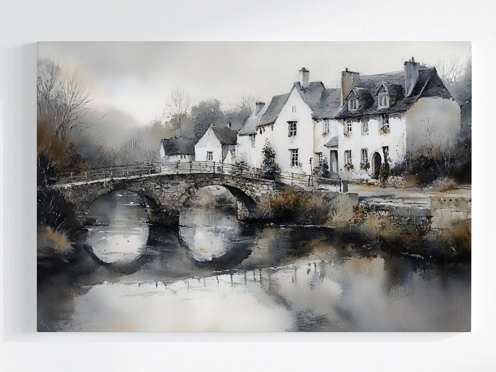 Vászonkép Canvas Anglia Falu Házak Falu Folyó Híd Nosztalgia 120x80