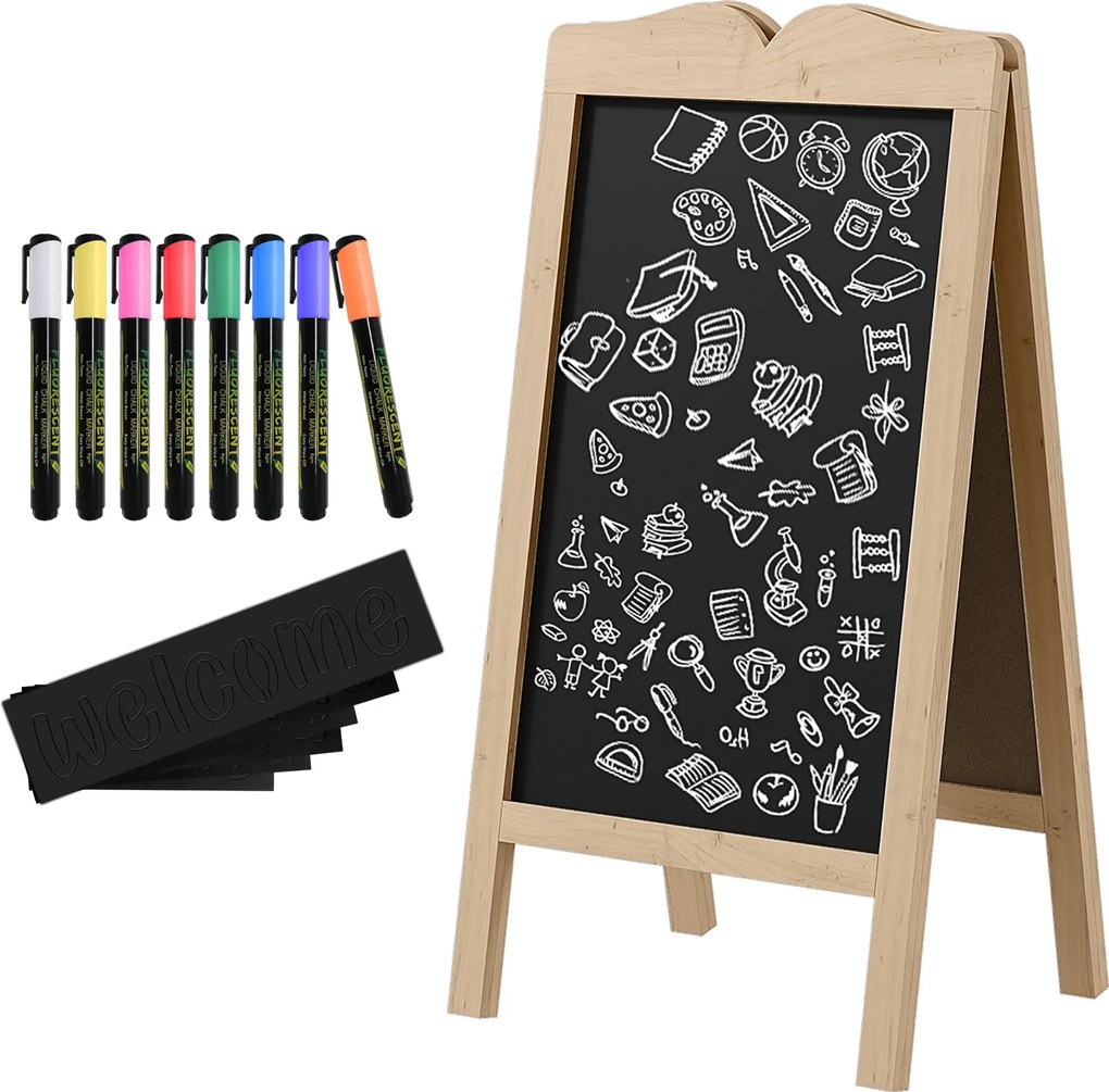 Vinsetto Kétoldalas Krétatábla Állvány Fa Kerettel 51x42x101 cm Természetes | Aosom