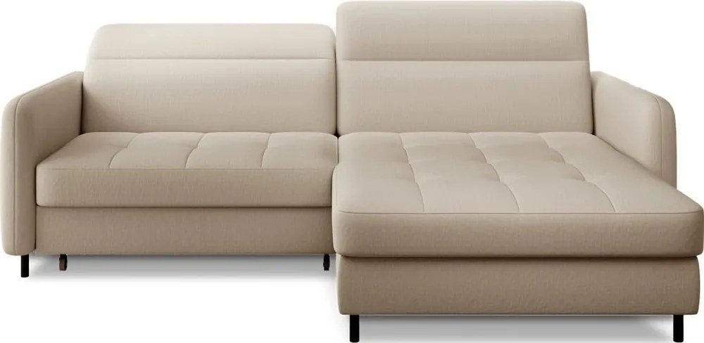 Bézs bársony kinyitható-tárolóhelyes sarokkanapé (jobb oldali-heverő résszel) Gomsi – ELTAP