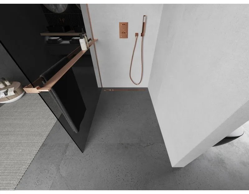 Mexen Kioto+, Walk-In zuhanyparaván polccal és akasztóval 100 x 200 cm, 8mm szürke üveg, réz matt profil, 800-100-121-65-40