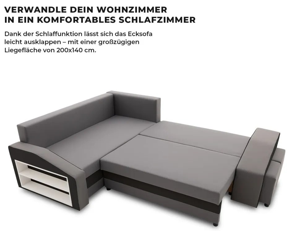 Grande sarokkanapé polcokkal és puffokkal , polc a bal karfaban puffok a jobb karfaban, baloldali, szövet anyag, bonell töltet, szürke - fekete
