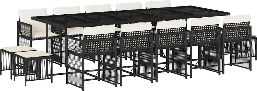 vidaXL 15 részes fekete polyrattan kerti étkezőgarnitúra párnákkal