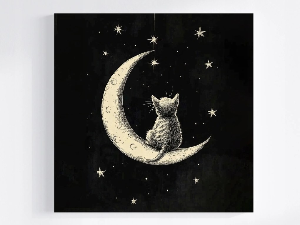 Vászonkép Canvas Éjszaka Égbolt Csillagok Hold Cica Álom Mese 80x80