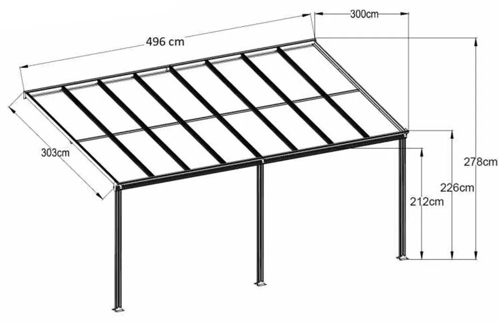 Féltetős alumínium pergola P-496-1 antracit átlátszó tetővel 303 cm x 496 cm
