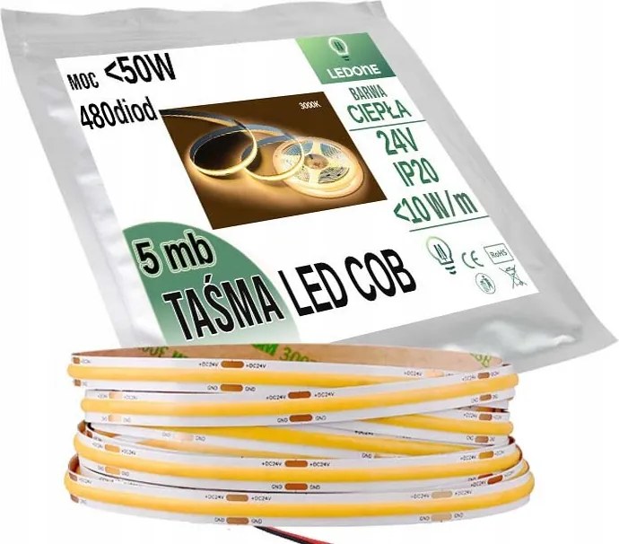 Led szalag Cob 24V 480 dióda méterenként Neon Meleg 5m Led fénysor Pro