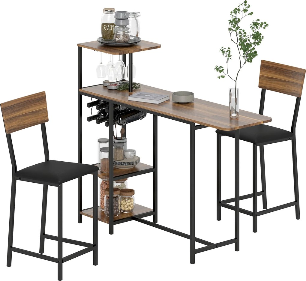 HOMCOM Bárasztal és Bárszék Szett, 2 Bárszékkel, Összecsukható Hátmasszázsos Konyhai Asztal Borosüveg Tartóval, Borral és Polccal, Modern Dizájnú Pult