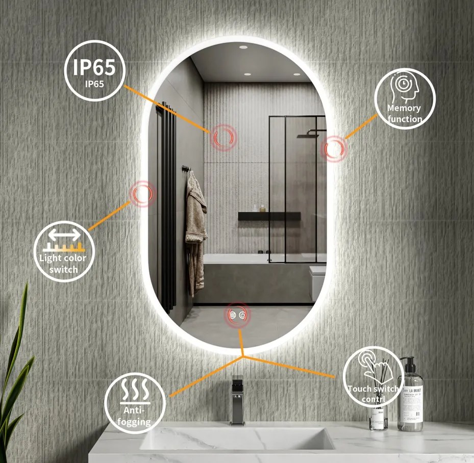 Erga Demi, ovális LED tükör 60x100cm, 3 színű fény, első világítás, páramentes fűtőbetét, ERG-V01-Demi-6010-CL