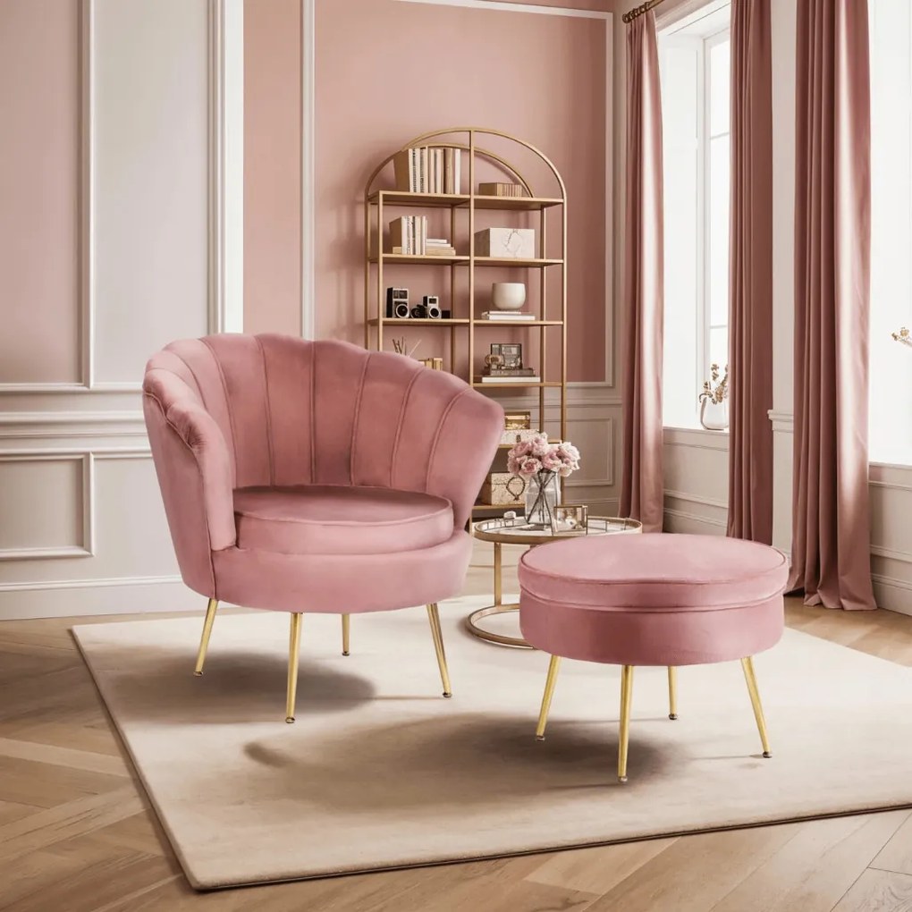 Elegáns Fotel Lábtartóval Rózsaszín Bársony Kárpittal. GRAND
