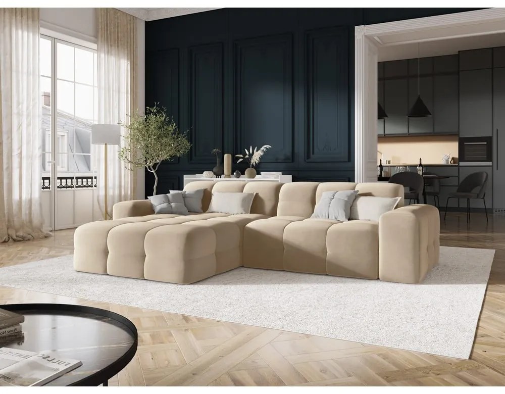 Bézs bársony sarokkanapé (bal oldali) Kendal – Micadoni Home