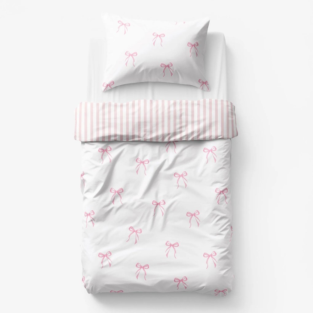 Goldea gyermek pamut ágyneműhuzat - masnik, púderrózsaszín csíkos hátoldal 140 x 200 és 70 x 90 cm