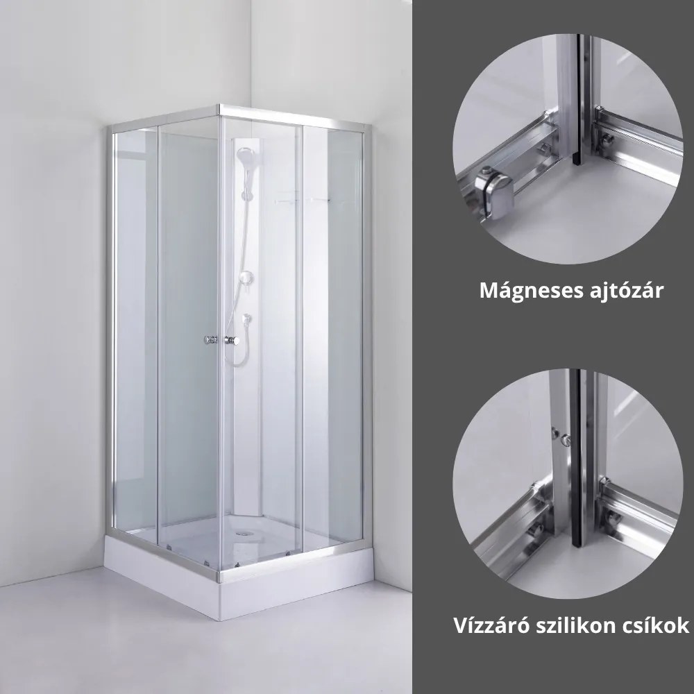 Stuxi Genova 90x90 cm szögletes két tolóajtós fehér hátfalas zuhanykabin 5 mm üveggel zuhanytálcával és csapteleppel