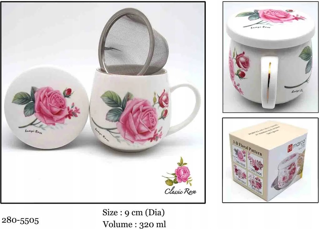 Porcelán teásbögre fedő virágszűrő 320 ml