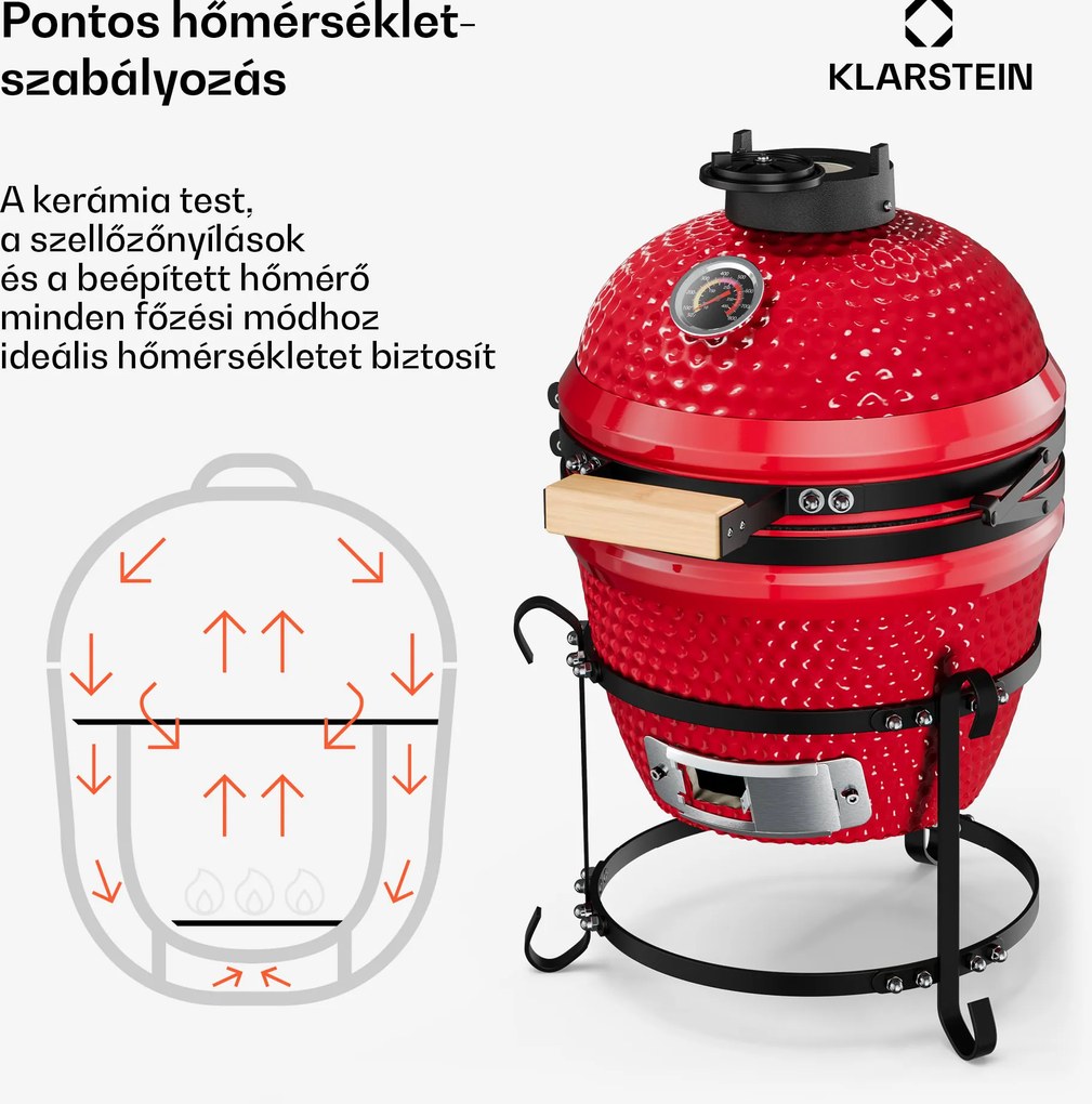 Klarstein kamado grillsütő, Princesize, kerámia, 11", füstölés, BBQ, lassú sütés, piros