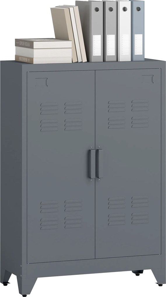 HOMCOM Fiókos Szekrény Fém Szekrény Multifunkciós Szekrény Mágneses Rácsos Kétszárnyú Ajtóval Állítható Polcú Irodai Szekrény Tároló Szekrény Tanulásr