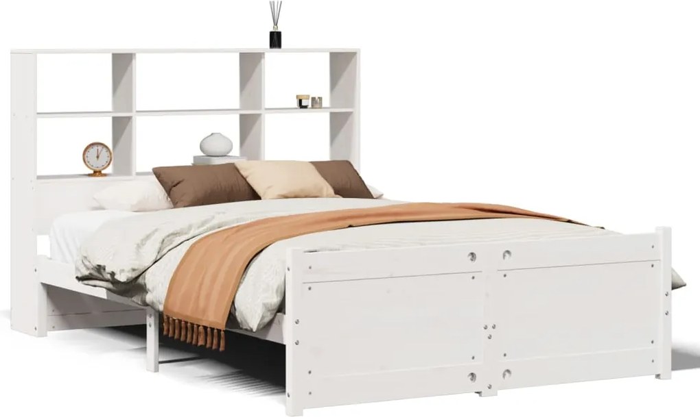 vidaXL fehér tömör fenyőfa könyvespolcos ágy matrac nélkül 140x190 cm
