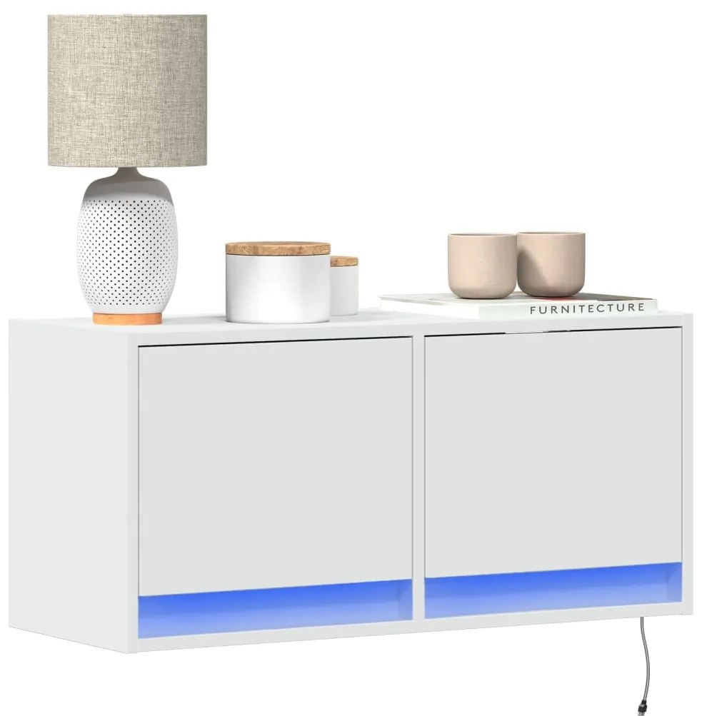 fehér falra szerelhető TV-szekrény LED-lámpákkal 80x31x35 cm