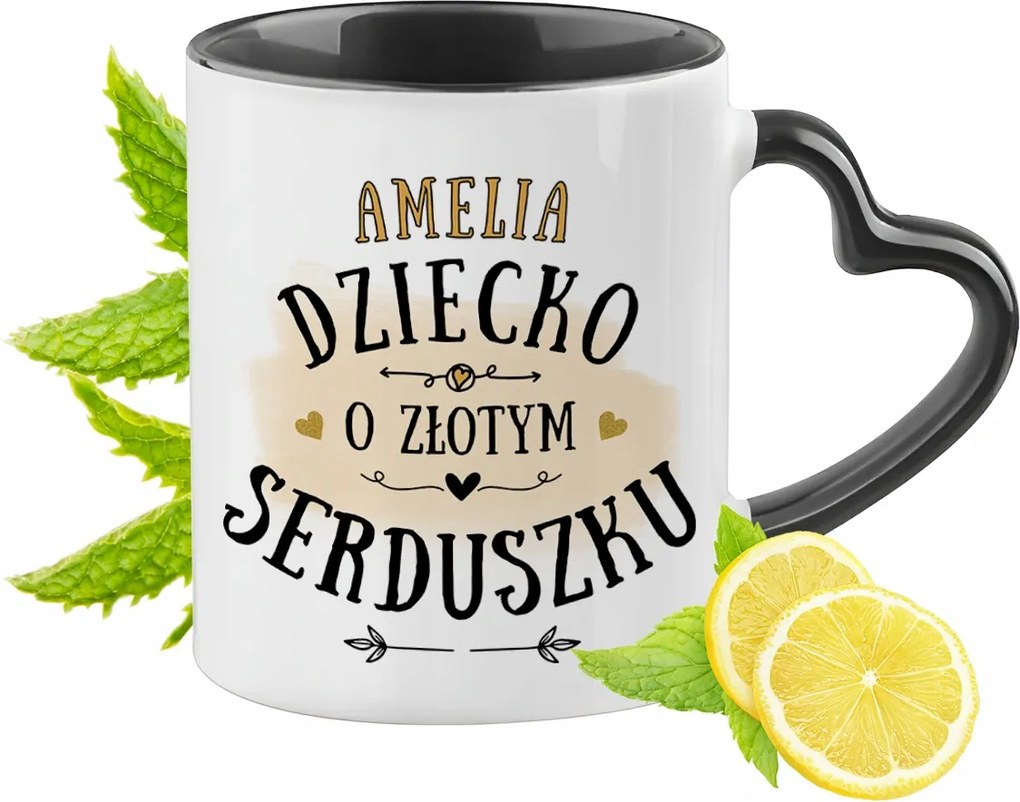 Fekete bögre szív alakú füllel Amelia számára Ideális Ajándék