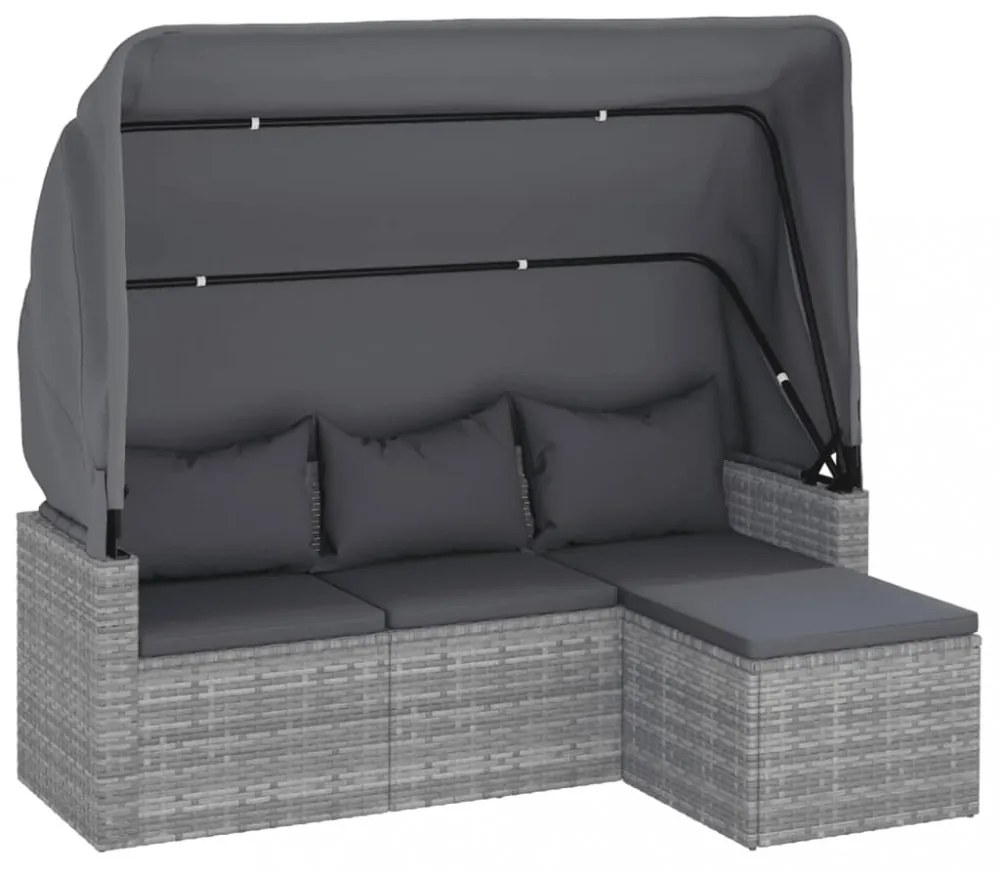 3-személyes szürke polyrattan kanapé tetővel és lábtartóval