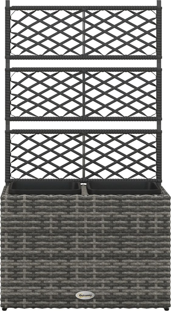 Outsunny Virágtartó Mászó Növényekhez, Emelt Virágtartó 2 Belső Cseréppel, Acél és PE Rattan Váz, 57x30x107cm, Szürke | Aosom