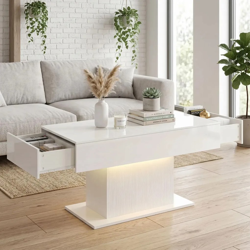 HOMCOM Dohányzóasztal tárolóval, LED magasfényű, modern, 2 fiókkal és távirányítóval, fehér