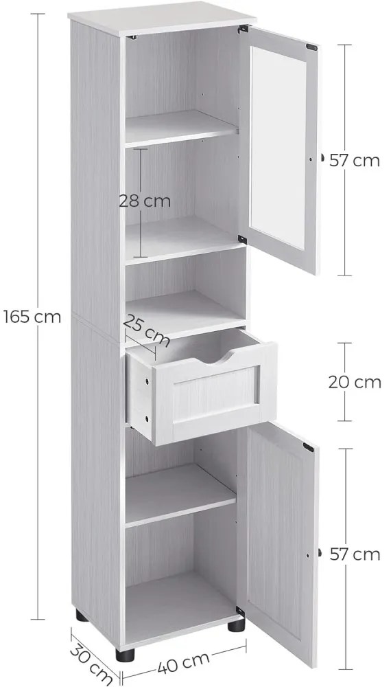 Magas tároló szekrény, fürdőszoba szekrény, fehér 40x30x165cm