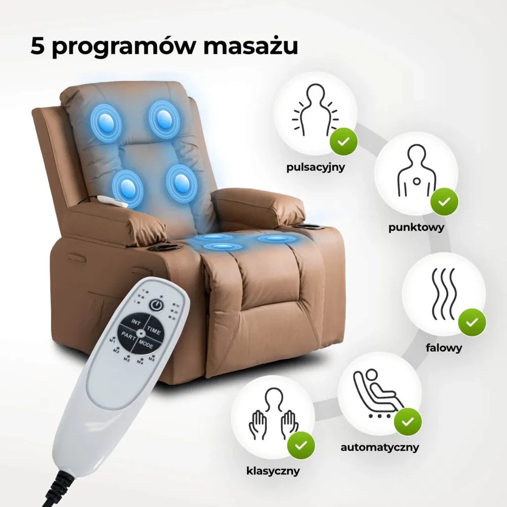 Fotel Masujący BOX Rozkładany z Podnóżkiem Karmelowy Ekoskóra