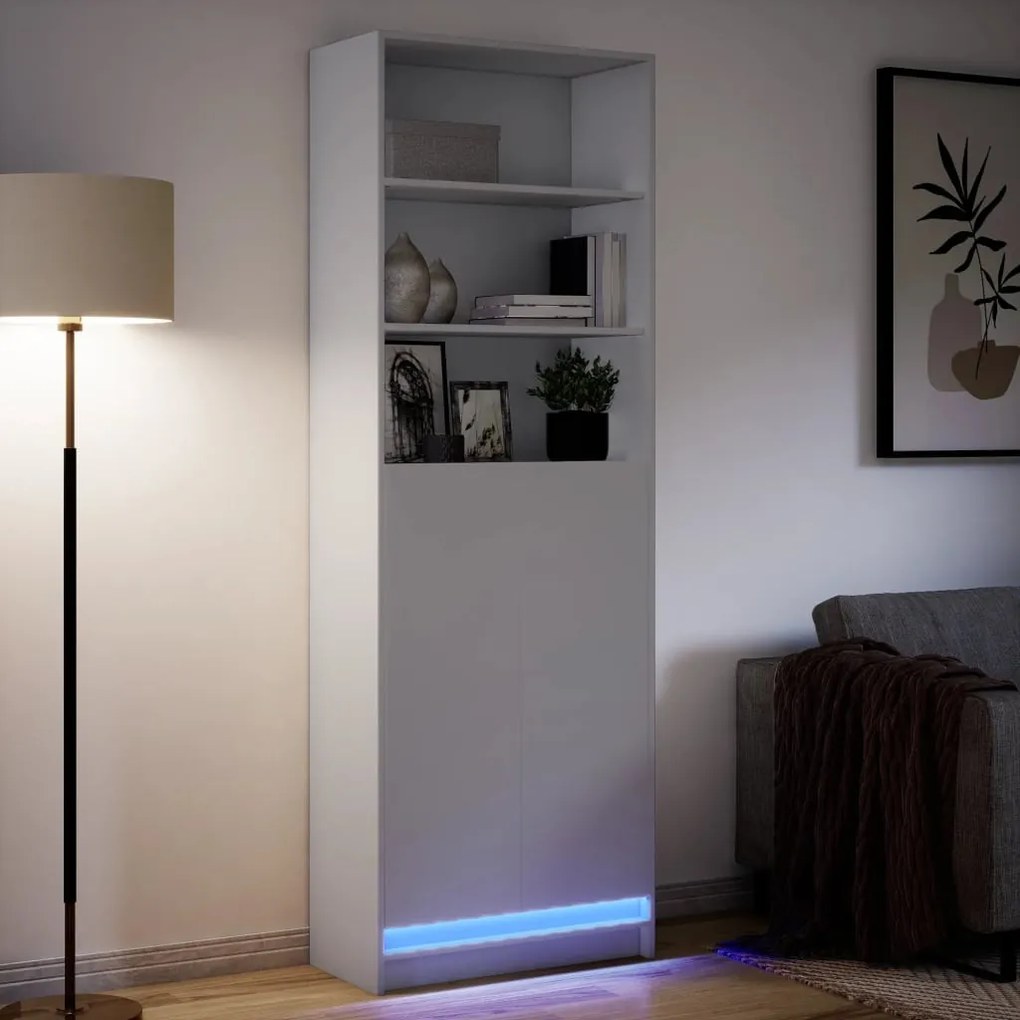 Fehér szerelt fa magasszekrény LED-ekkel 69 x 32,5 x 200 cm