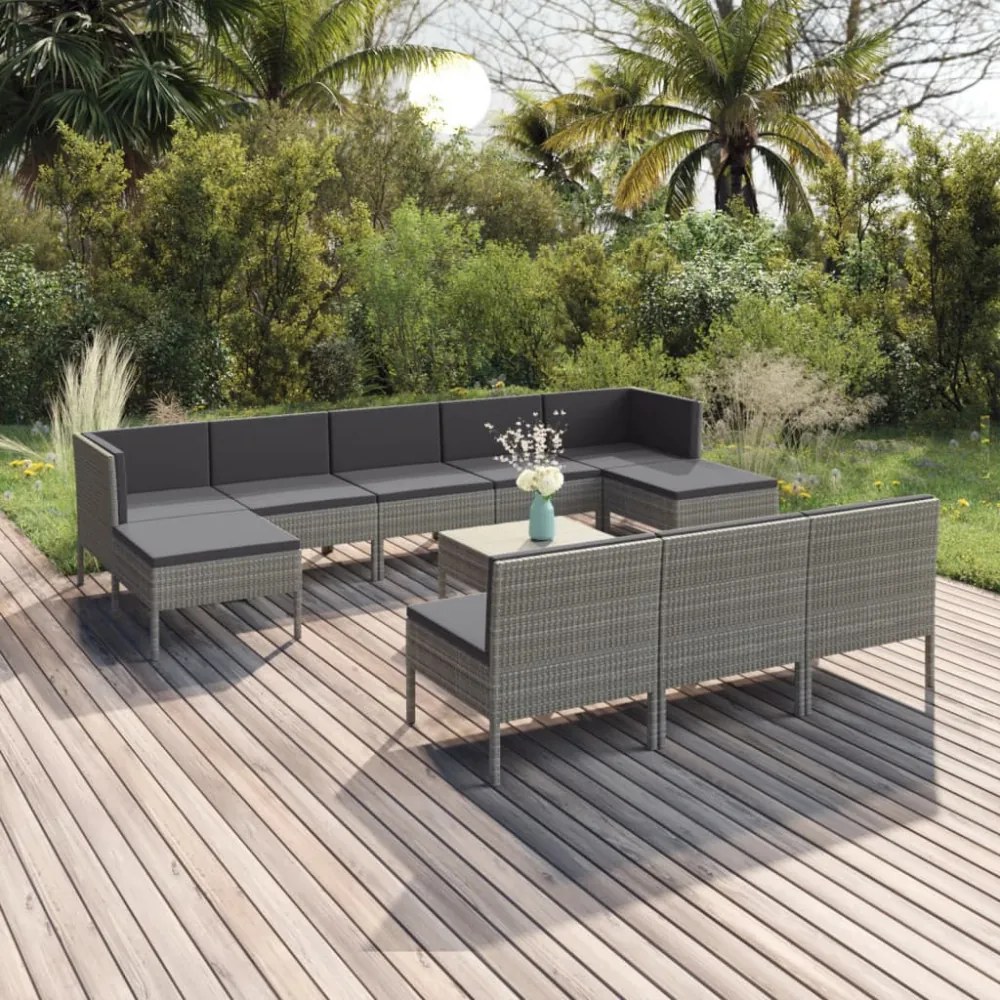 11 részes szürke polyrattan kerti bútorszett párnákkal