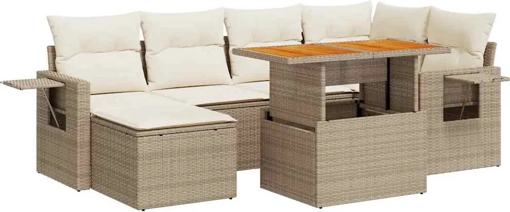 vidaXL 7 részes bézs polyrattan kerti ülőgarnitúra párnákkal