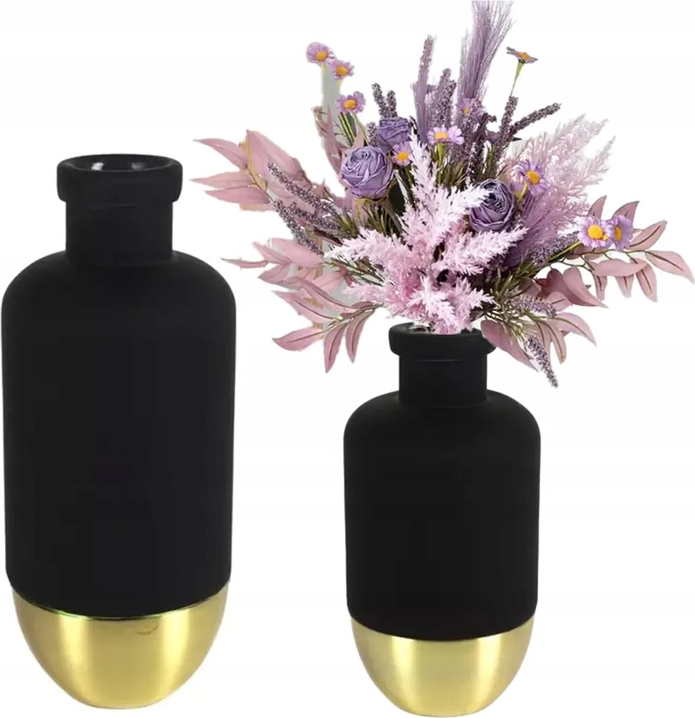 Virágváza matt sima fekete-arany 31 cm üveg fém 8718317838583