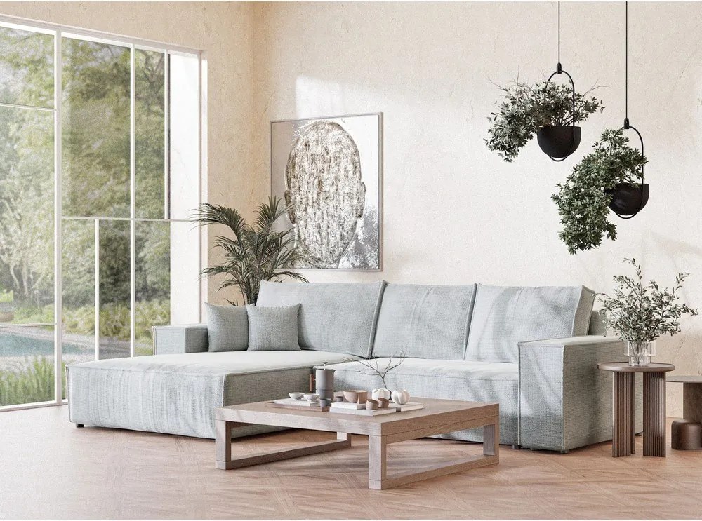 Világosszürke zsenília kinyitható-tárolóhelyes sarokkanapé (bal oldali-heverő résszel) Maze – Maison de Rêve