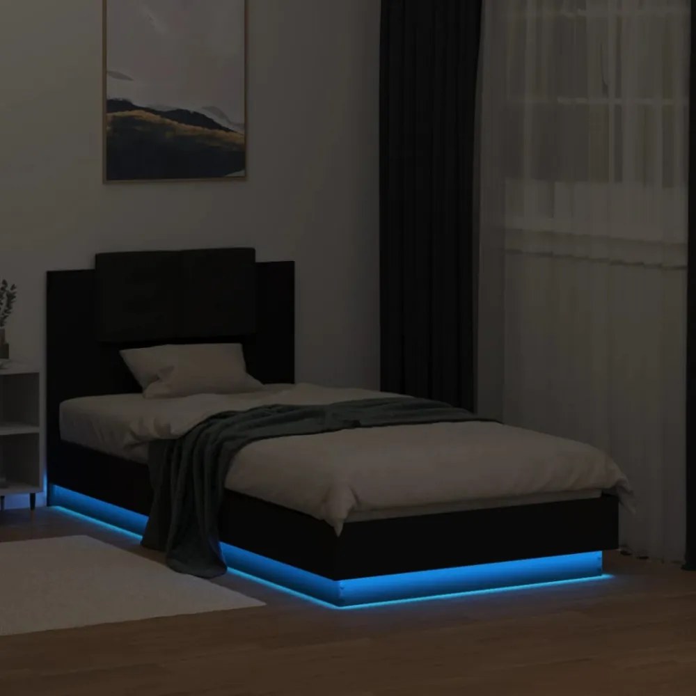 fekete ágykeret fejtámlával és LED-világítással 75 x 190 cm