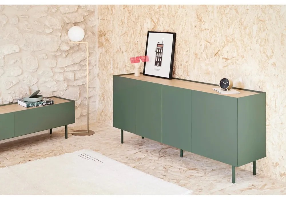 Zöld-natúr színű alacsony komód tölgyfa dekorral 165x78 cm Arista – Teulat