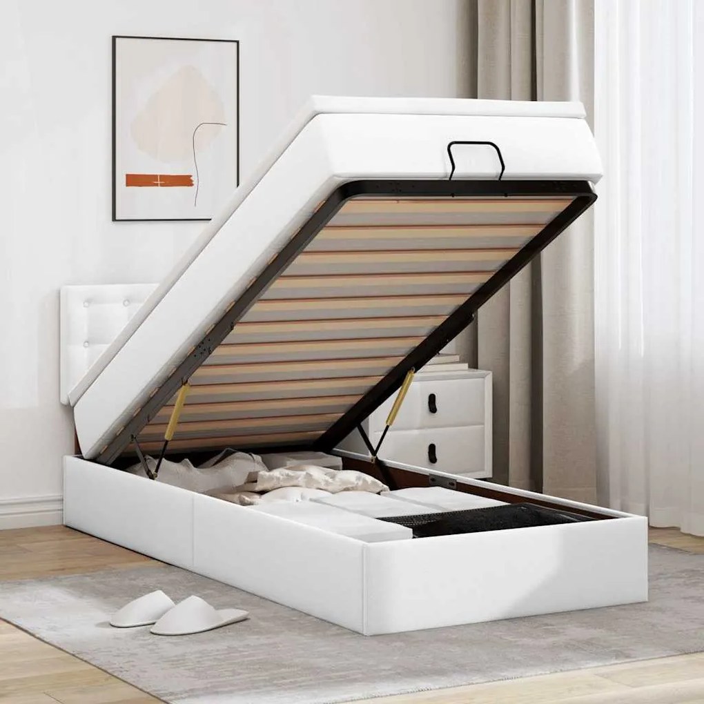 Ottomán ágykeret matraccal tiszta fehér 100x200cm műbőrrel