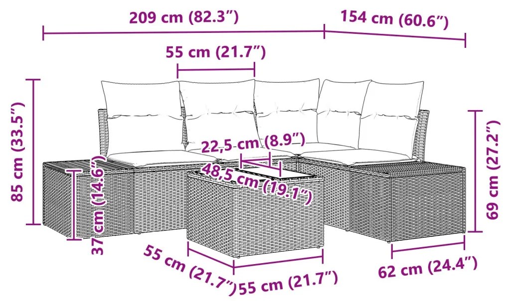 5 darabos kerti sofa szett párnákkal, szürke polirattan