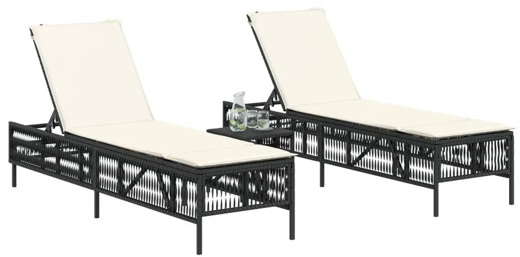 2 db fekete polyrattan napozóágy asztallal