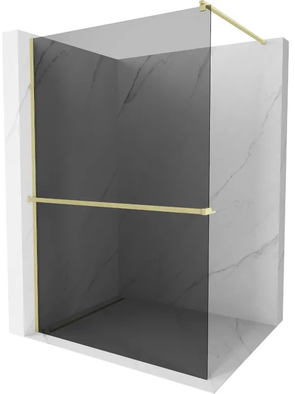 Mexen Kioto+, Walk-In zuhany paraván polccal és akasztóval 90 x 200 cm, 8mm szürke üveg, arany matt profil, 800-090-121-55-40
