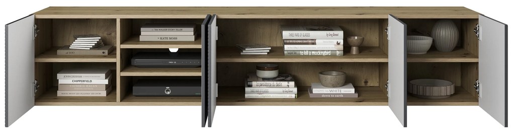 Asha fali bordázott frontos TV szekrény 200 cm - artisan tölgy / rivier stone matt
